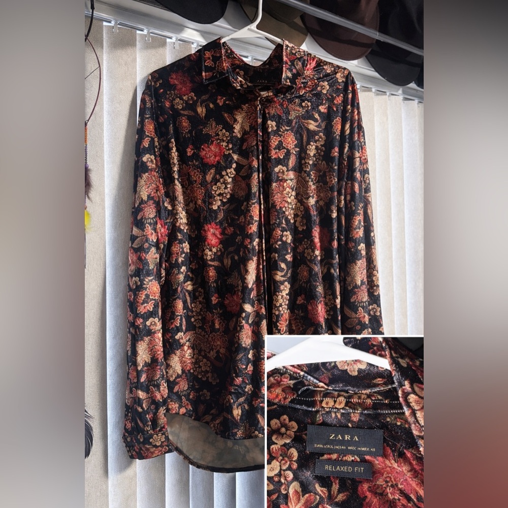 Zara Black Floral Velvet Button-Down Shirt with Red & Gold Accents